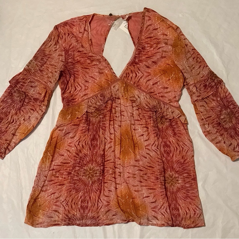 Abstract Bohemian Mini Dress Balloon Sleeve Sheer Cotton Metallic Pink Large
